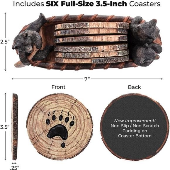 Bear Coasters Set – 6 Full Size Rustic Coasters in Handmade Canoe with Figurines - Picture 2 of 6